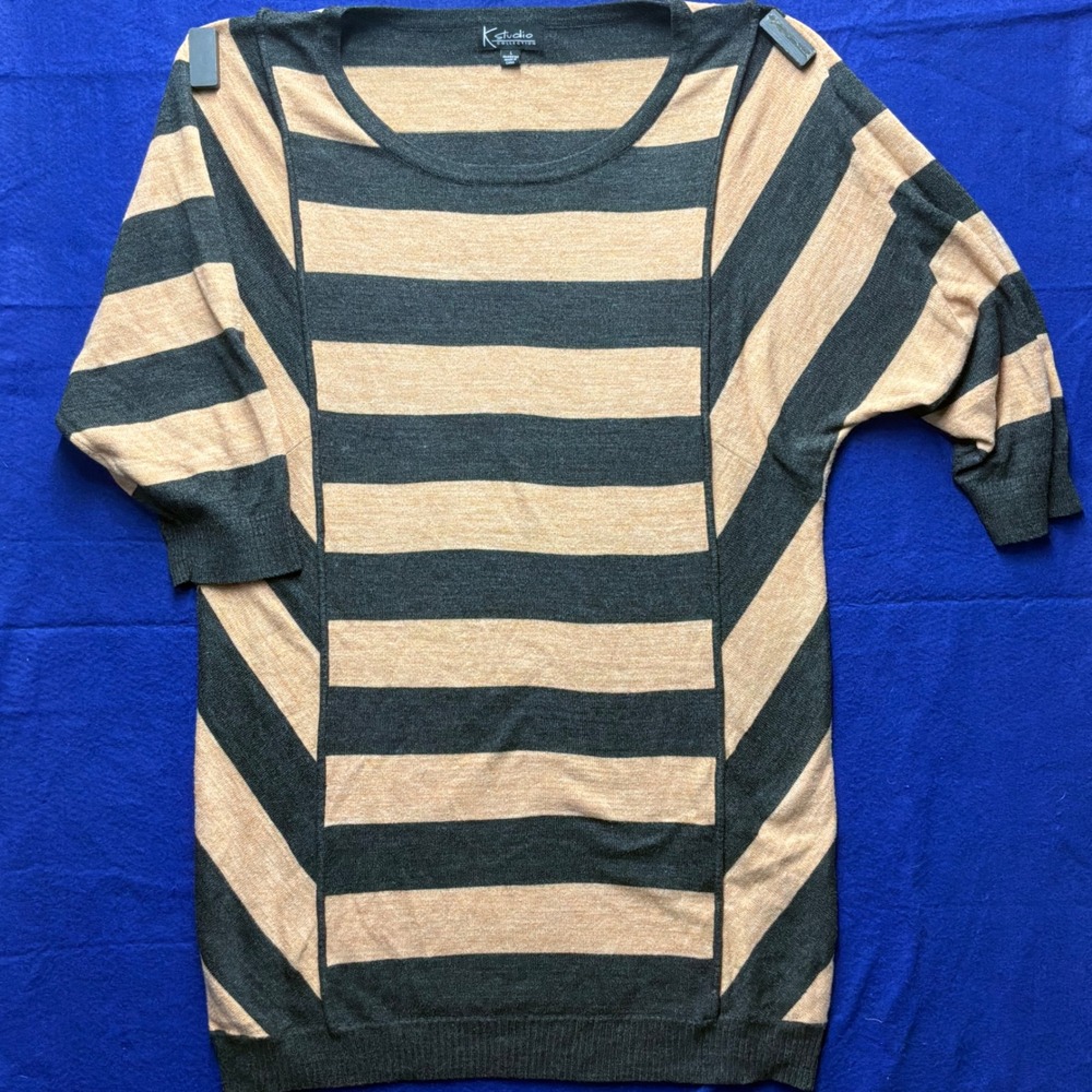 Modern Womens K Studio Collection‎ Striped Tunic Sweater L Grey Tan